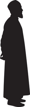 Silhouette of a bearded man in traditional islamic clothing standing in profile view isolated on a plain white background