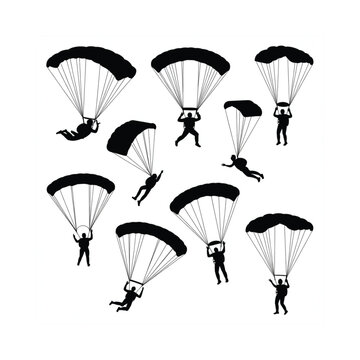 Silhouettes of skydivers with open parachutes in a dynamic arrangement