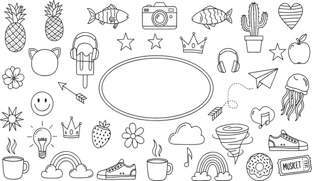 Hand drawn black and white doodle icons featuring summer travel food nature and lifestyle elements for creative coloring book vector illustration set