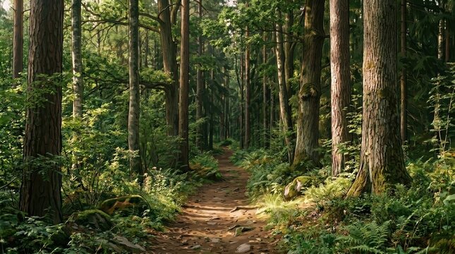 A deep forest scene with a narrow trail flanked by towering trees and underbrush, sunlight casting long soft shadows across the