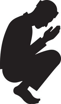 Silhouette of a muslim man crouching in prayer with hands raised in supplication islamic religious ritual and humility