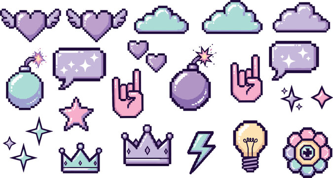 Pastel Pixel Art Aesthetic Icons Featuring Hearts Clouds Bombs Stars Crowns and Sparkles in a Retro Gaming Style Vector Illustration Set