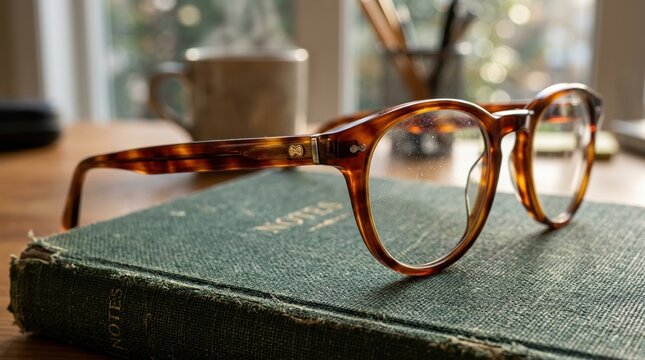 Close-up of eyeglasses lying on a textured notebook cover with sunlight highlighting the frame and subtle reflections on lenses