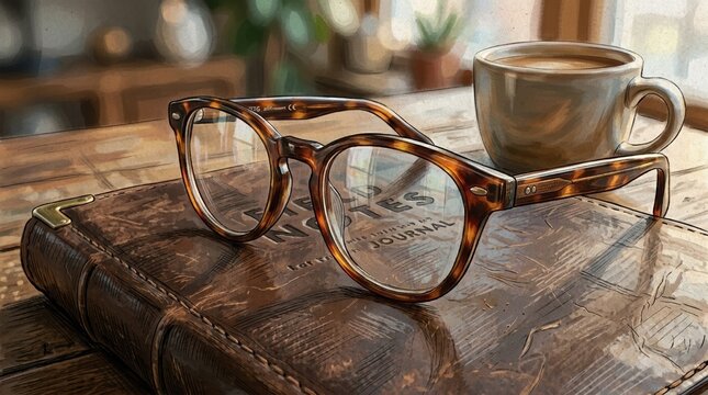 Close-up of eyeglasses lying on a textured notebook cover with sunlight highlighting the frame and subtle reflections on the