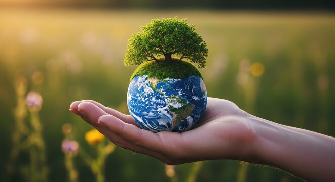 Protecting our planet a hand holding a miniature earth with lush vegetation