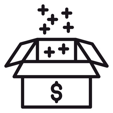 Black vector icon of an open cardboard box with a dollar sign on the front and plus signs floating out, symbolizing value added, profit, financial growth, and earnings illustration on white.