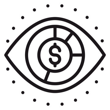 Financial vision vector icon: Eye symbol featuring a pie chart and dollar sign, representing business analytics, market monitoring, investment oversight, and data-driven economic insights.