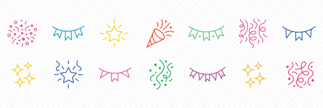 set large of black line art party icons including confetti  flags  star  sparkles  and party popper on transparent background