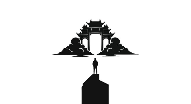 a man standing on a building looking at a Chinese gate.