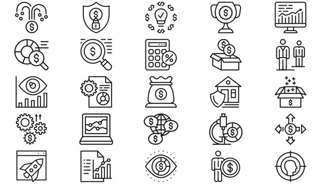 Business and Finance Vector Icon Set, 25 Black Minimalist Symbols for Data Analysis, Growth, Money, Marketing, and Corporate Success. Collection of Professional Web Graphics for Banking and Analytics.