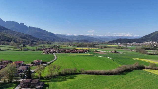 Aerial panning shot of Vall d'en Bas valley in La Garrotxa, Spain