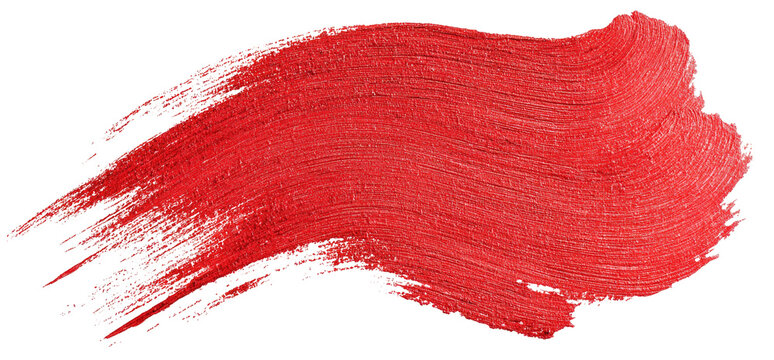 A vibrant red paint stroke, textured and elongated, against a stark black background
