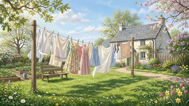 A backyard scene with multiple garments fluttering on a clothesline in a soft spring breeze with sunlight illuminating the fabric