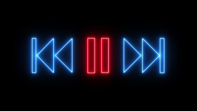 A video showcasing a neon pause button with play and stop symbols on either side in a dark background 4k video animation