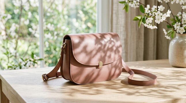 A stylish handbag placed on a light surface with soft spring shadows of leaves and branches creating delicate patterns across the