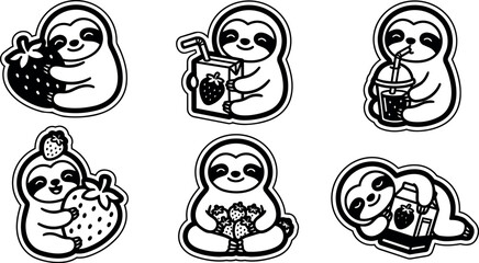 Fototapeta premium Cute sloths with strawberries and drinks