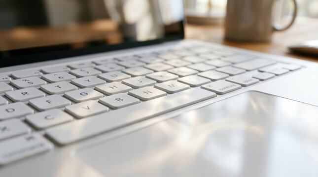 Close-up of a white laptop keyboard and trackpad with reflected light patterns on the surface creating soft highlights and a