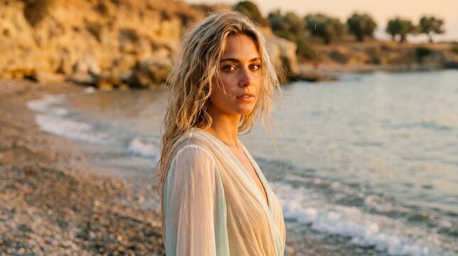 Beautiful blonde woman portrait on beach at sunset, natural beauty, summer seaside lifestyle