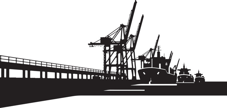 Industrial harbor, cargo cranes, dock silhouette, black and white, vector graphics
