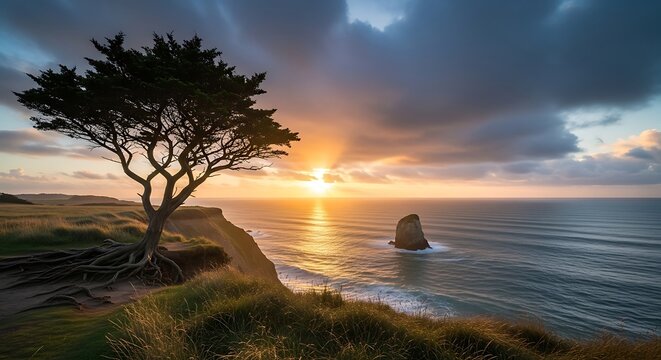 Stunning sunset over the pacific ocean with a lone cypress tree on a cliff edge and a sea stack in the distance