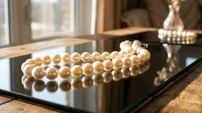 Side view of pearls on a mirrored surface with sunlight casting long reflections and subtle shadows emphasizing smooth round