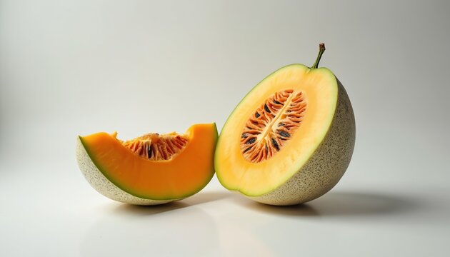 Half cut cantaloupe melon and one slice. Sweet tropical fruit with orange pulp and seeds. Healthy food for diet, refreshing dessert or juice.