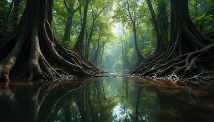 Fototapeta premium Thick tree roots line calm river banks in rich green forest. Sunlight filters through canopy onto water reflecting trees. Peaceful jungle stream path.