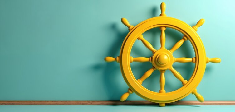Yellow ship helm on teal wall. Object symbolizes leadership, control, direction. Maritime object for navigation and strategy, journey planning. Nautical theme for travel.