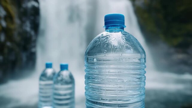 Tracking shot of plastic water bottles with close up movement in front of cascading waterfall in natural river setting