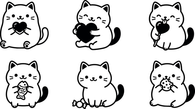 Black and white line art cute cats holding hearts fish and candy