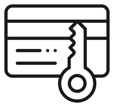 Minimalist black vector icon illustration of a credit card with a key, symbolizing secure payment, financial data protection, encrypted transactions, and banking security on white background.
