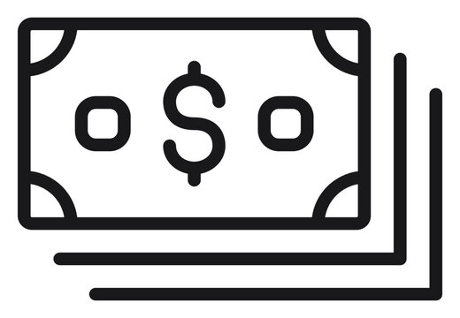 Minimalist black line art vector icon of a stack of dollar bills, representing cash, currency, and financial transactions. Scalable illustration of money for business, banking, and wealth.