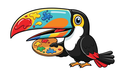Fototapeta premium Colorful cartoon toucan holding paint palette illustration isolated on white background