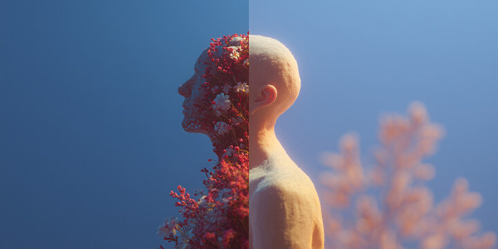 The symbolic representation of the human mind, showcasing the intricate connection between inner thoughts and external reality. A person is depicted in profile with two distinct sides.