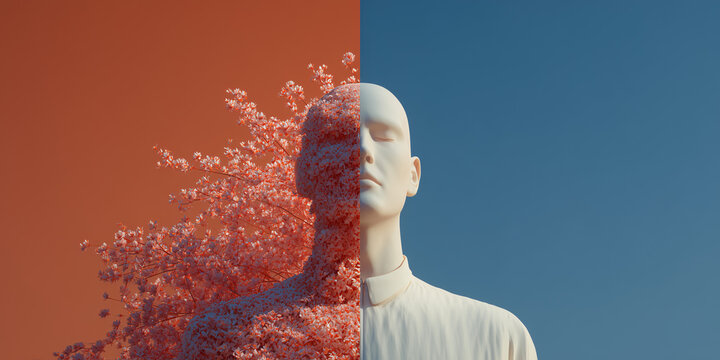A surreal split-screen image featuring a human-like form and a backdrop of vibrant colors