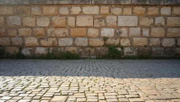 Old stone wall meets worn cobblestone path with grass growing between stones. Sun casts a shadow across the textured ground. Historic outdoor scene.