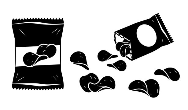 Potato chips icon set vector snack bag and crispy chips silhouettes isolated on white