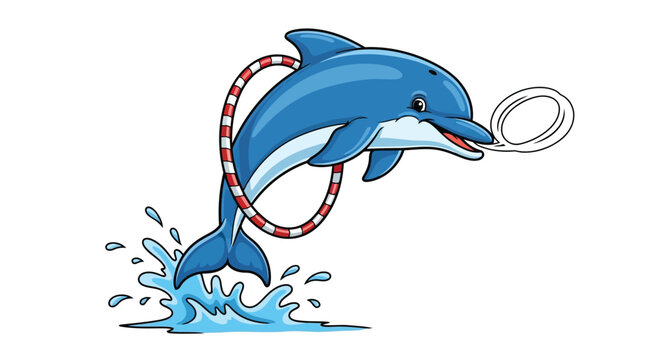 Dolphin jumping through red and white hoop in water illustration isolated on white background