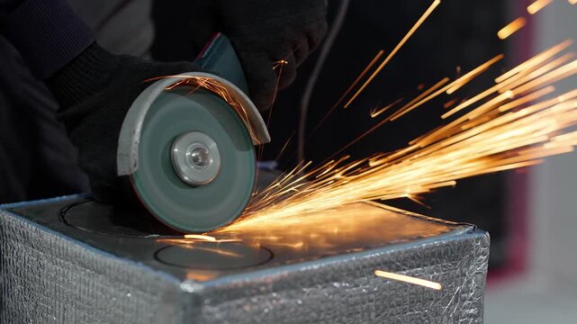 Worker Cutting Metal with Angle Grinder with Sparks in Industrial Workshop