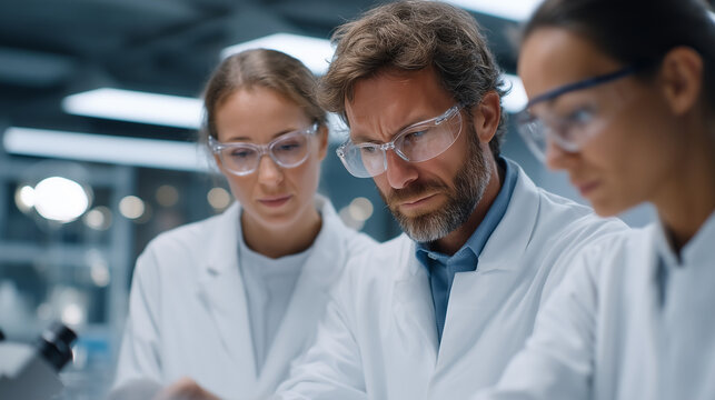 Group of biotech researchers gathered around an organ-on-chip testing array in a glass-walled laboratory, each examining a different chip module, early morning lab light amplifying the sterile preci