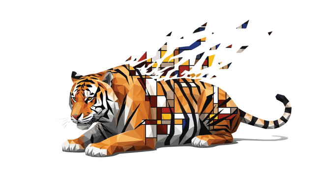 Tiger crouching low with mosaic pattern dissolving into pieces in a colorful illustration isolated on white background