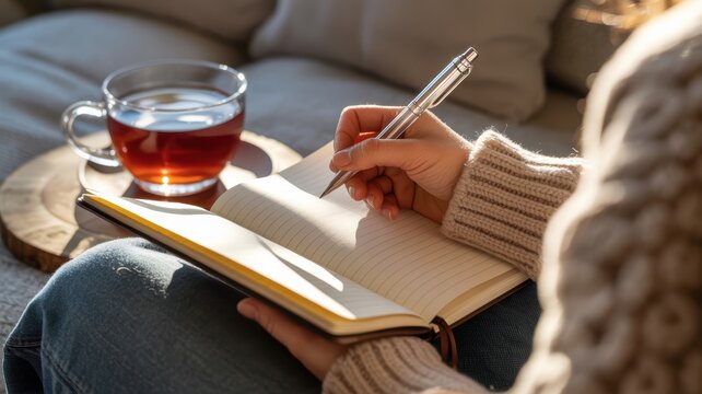 Person writing in a journal with a cup of tea in a cozy sunlit indoor setting