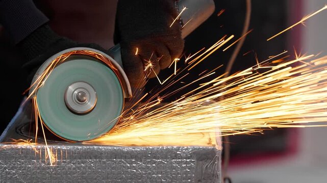 worker cutting metal with sparks