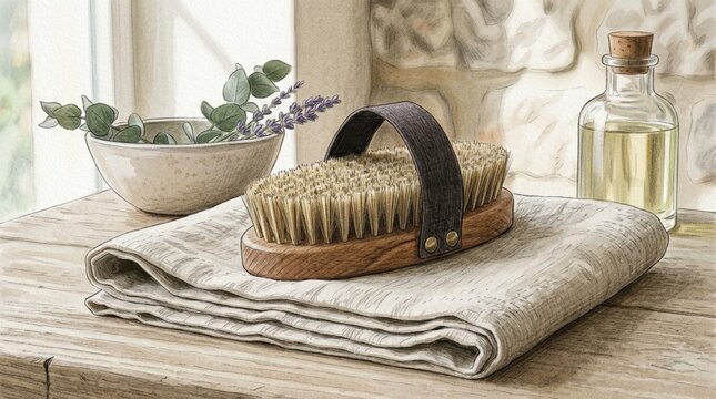 A natural wooden body brush with firm bristles placed on a folded linen towel in soft daylight creating a calm spa atmosphere with