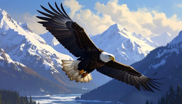Digital painting depicts a soaring bald eagle over a snow-capped mountain range and a scenic lake