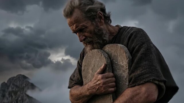 Moses holding stone tablets on mount Sinai during storm. Biblical prophet carrying law of God. Religious scene illustrating ancient scripture and divine revelation.