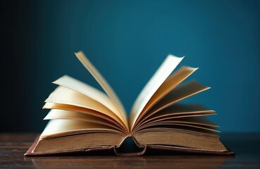 Naklejka premium Open book with pages fluttering on wooden table. Knowledge, learning and wisdom symbol. This object represents reading and discovery. Gain insight from wisdom.