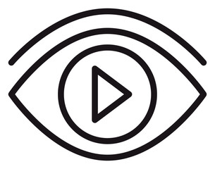 Minimalist black line art vector icon illustration of a human eye with a play button symbol inside, representing video streaming, digital media consumption, watching content, and observation. © Azan