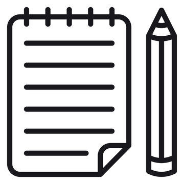 Minimalist black line vector icon illustration of a spiral notebook with a pencil, representing writing, note-taking, education, office supplies, and creative planning on a white background.