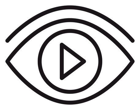 Minimalist black line art vector icon illustration of a human eye with a play button symbol inside, representing video streaming, digital media consumption, watching content, and observation.